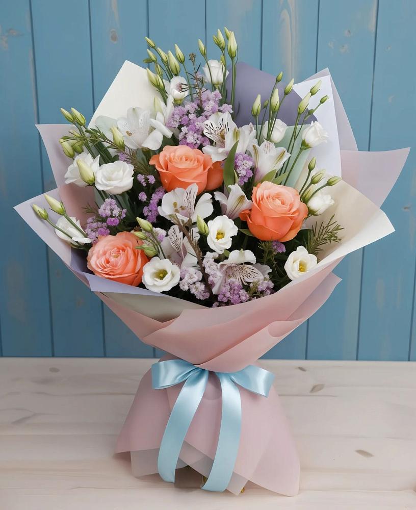 Букет цветов из: Лизиантусы, Розы, Альстромерии и Гипсофила в Абраме-Тюбе