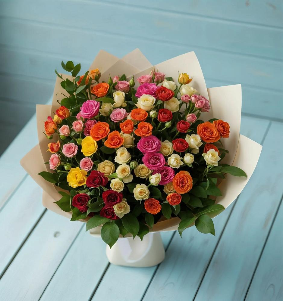 Букет Микс из разноцветных кустовых роз в Абраме-Тюбе
