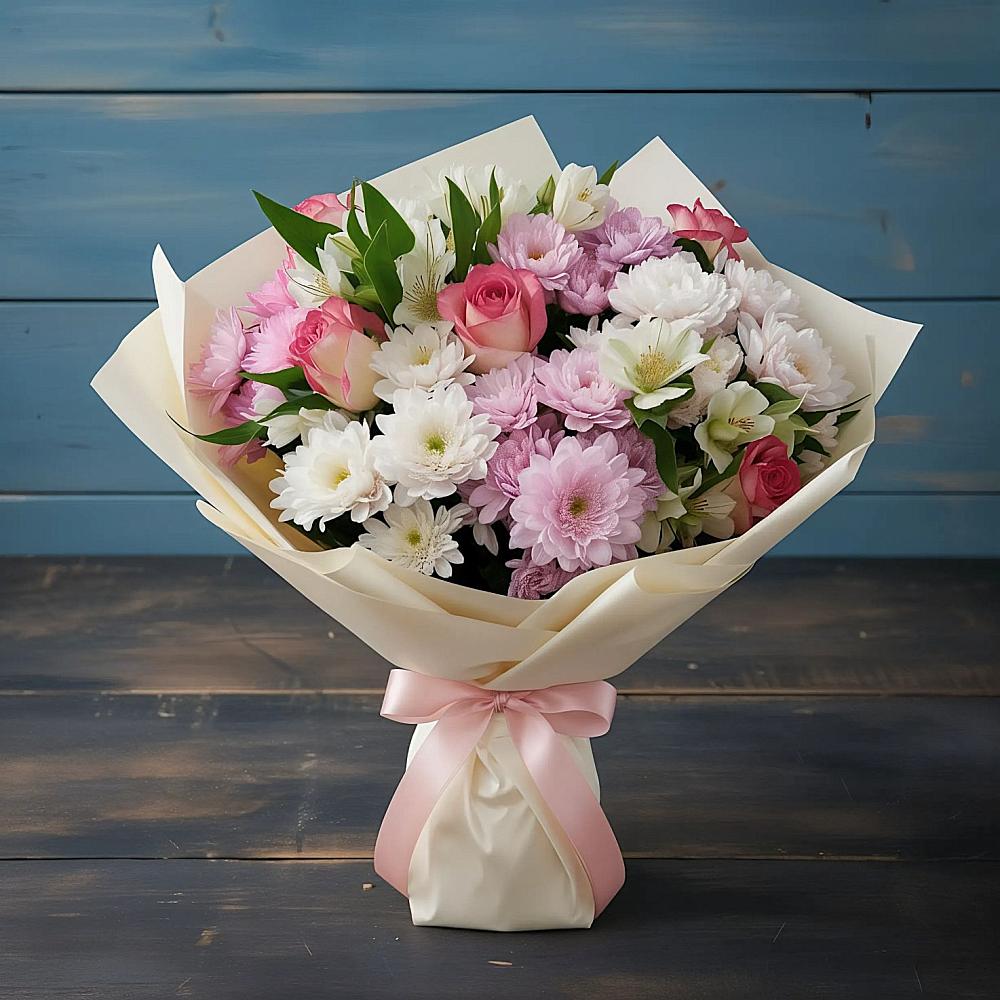 Букет цветов из: Хризантемы, Альстромерии и Розы в Абраме-Тюбе